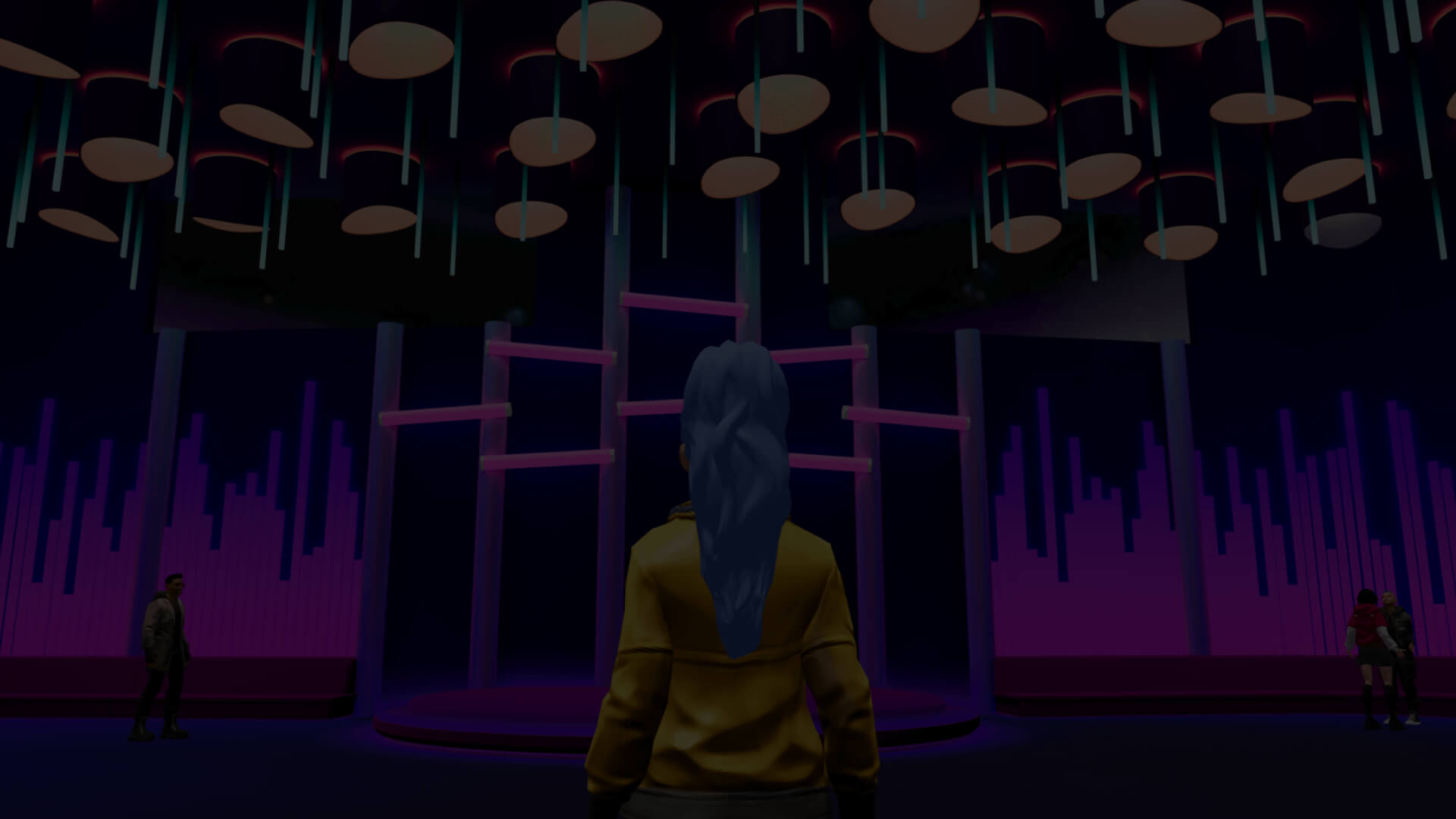 A SingSpace avatar walking into a purple-lit public karaoke room