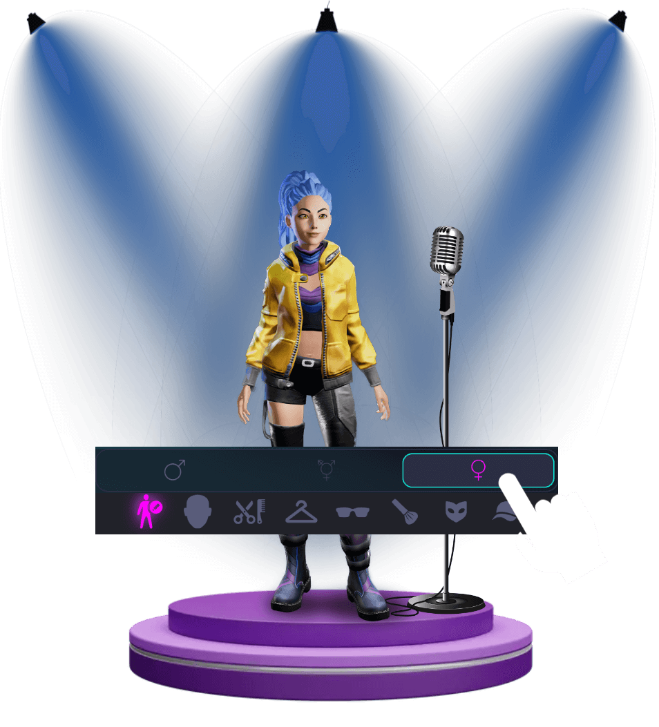 A SingSpace avatar in a yellow jacket on a lit stage, next to a microphone and the outfit editor